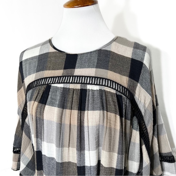 Anthropologie Black Cream Plaid Check Draped Tie Waist Belted Kimono ShirtDress - Picture 4 of 16